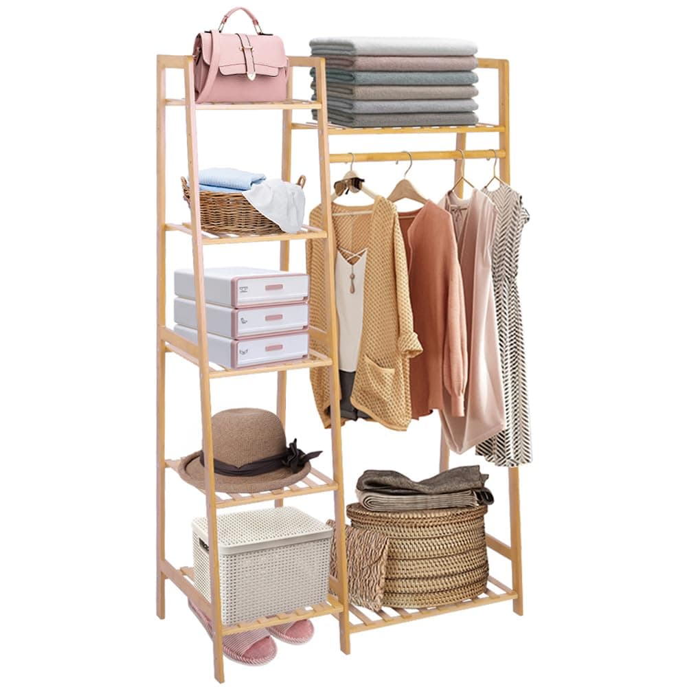 Ufine 7-Tier Bamboo Clothing Rack, Heavy Duty Minimalist Wardrobe Organizer