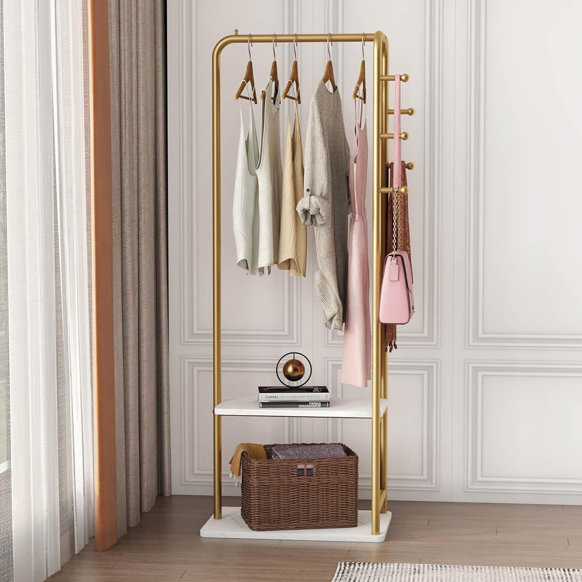 Heavy Duty Gold Metal Clothing Rack with Marble Base for Organizing Clothes, Coats, Bags, Skirts, Shirts