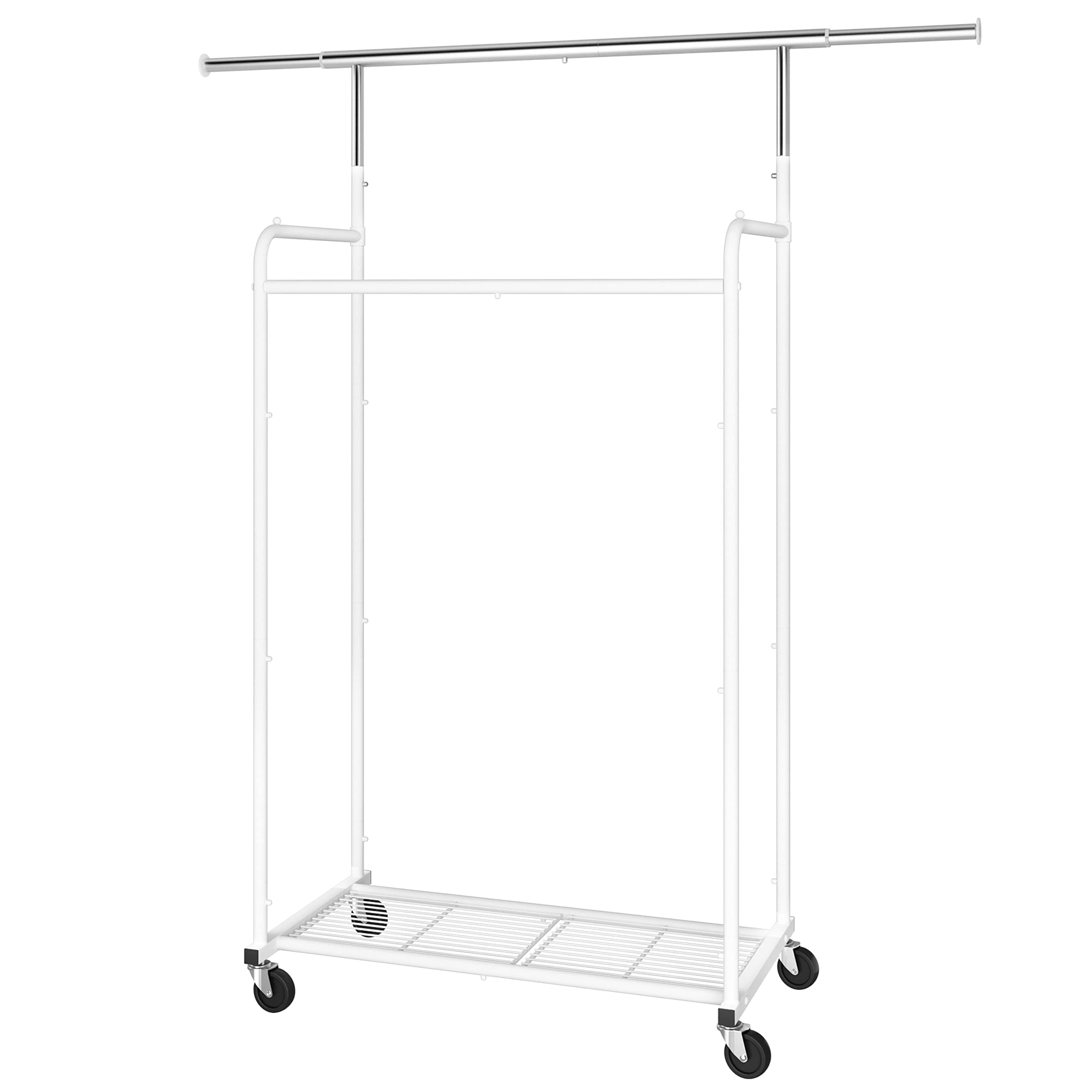 Extendable Rolling Clothing Organizer with Hooks and Shelves, White