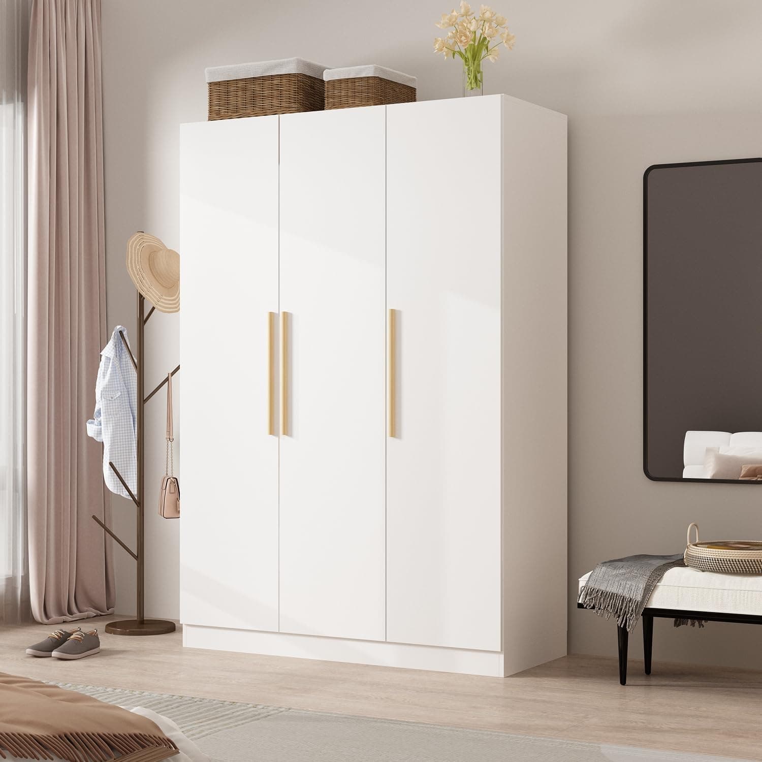 MOUMON White Armoire Wardrobe 3 Doors Cube Shelves 18.9" D x 47.2" W x 70" H