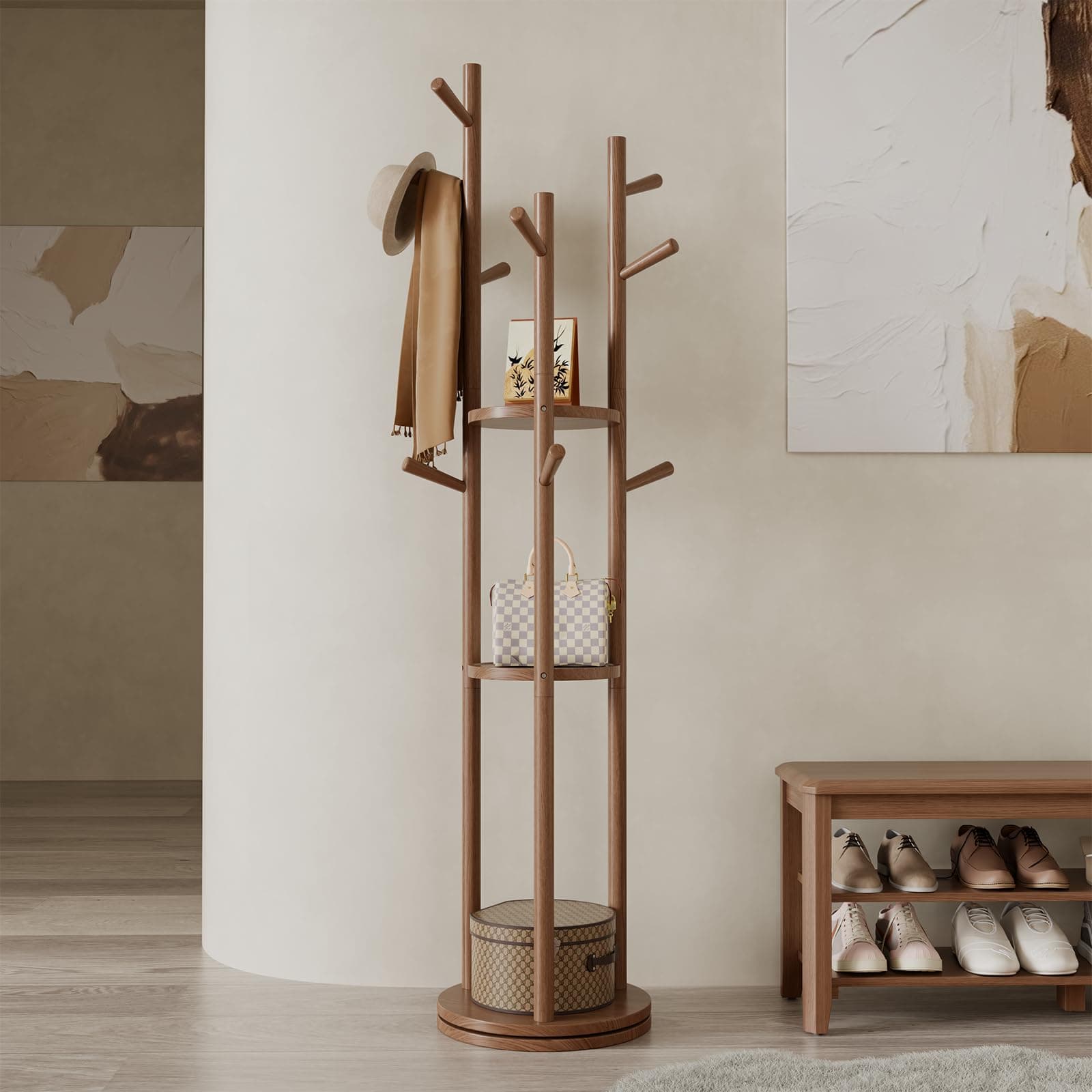 Walnut Solid Wood Coat Rack with 3 Shelves & 9 Hooks for Bedroom, Entryway & Livingroom
