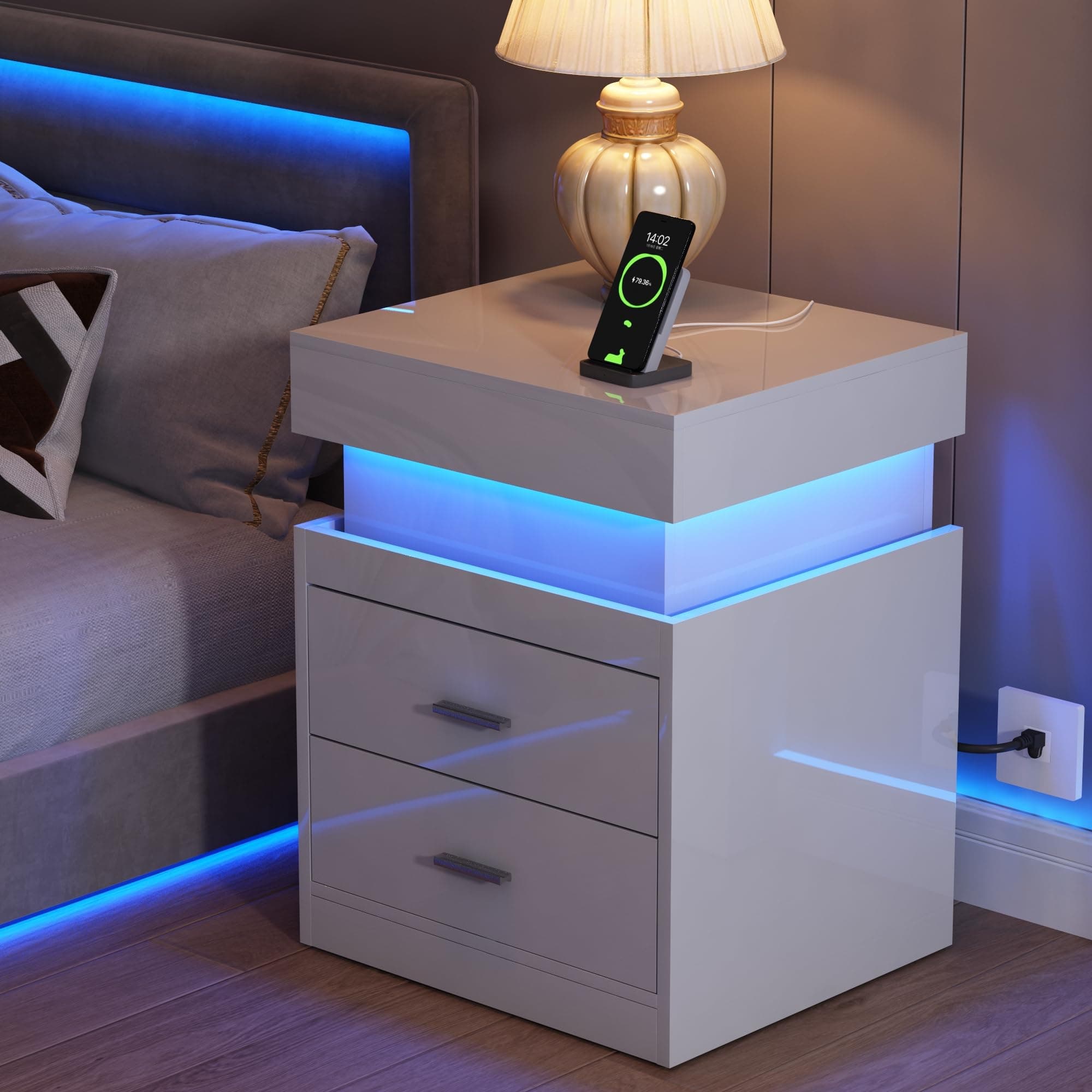 ChooChoo Smart Nightstand with Charging, Sliding Top Storage, 2-Drawers, Modern Bedside Table, White