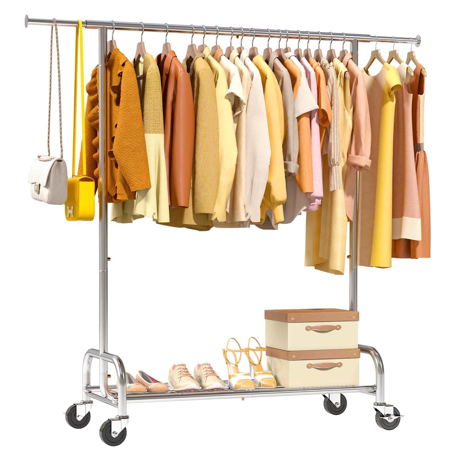Sturdy 450 LBS Standing Rollable Clothes Rack, Silver Metal Closet Wardrobe