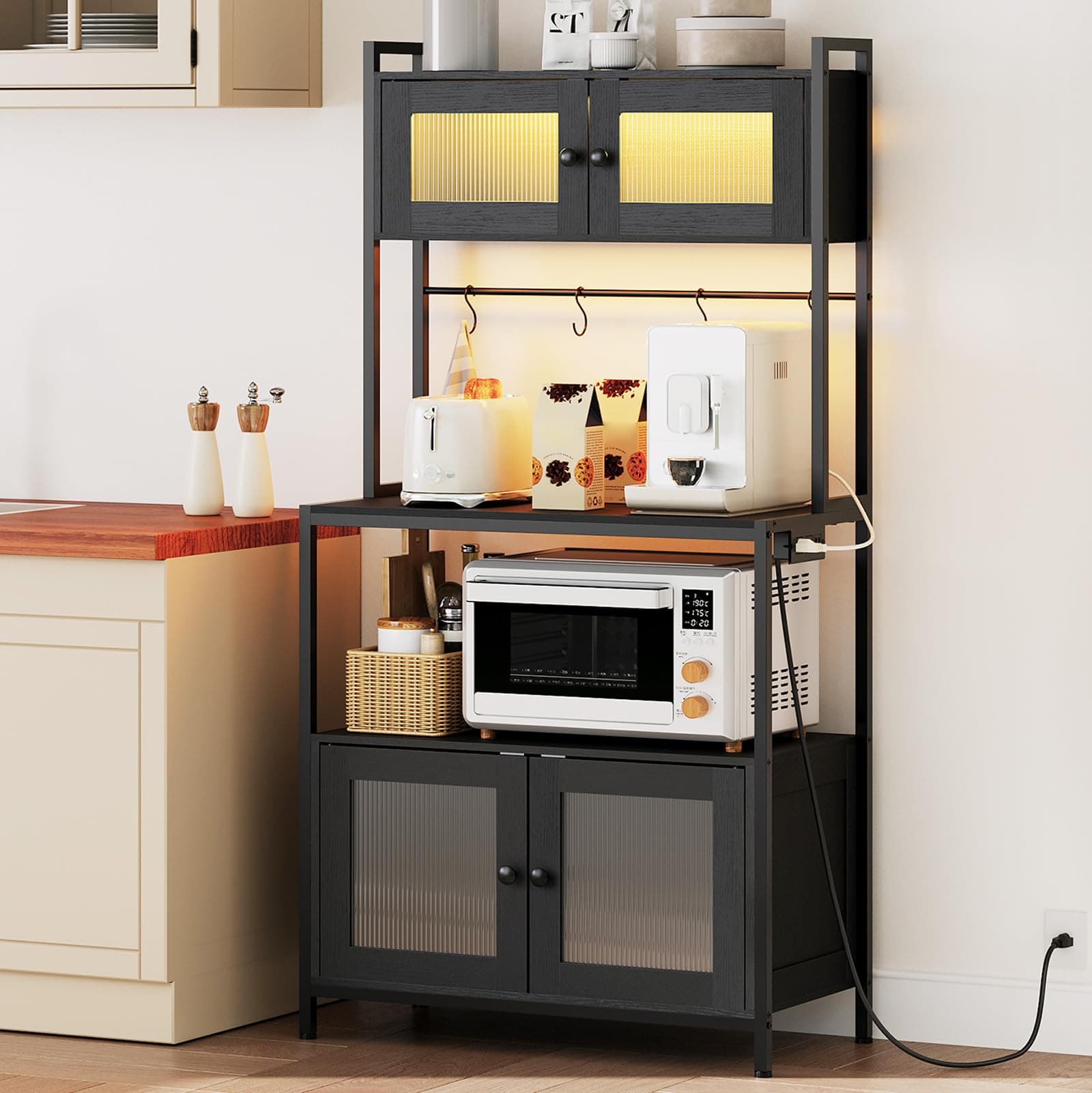 HOOBRO 5-Tier Bakers Rack with Storage Cabinet & Power Outlet, Black BB13UDHB01