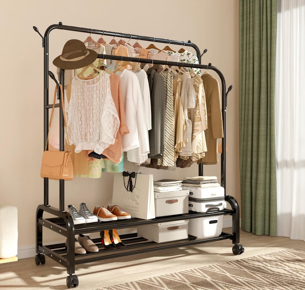 Sturdy Metal Double Rodding Clothes Rack with Wheels & Shelves, Black