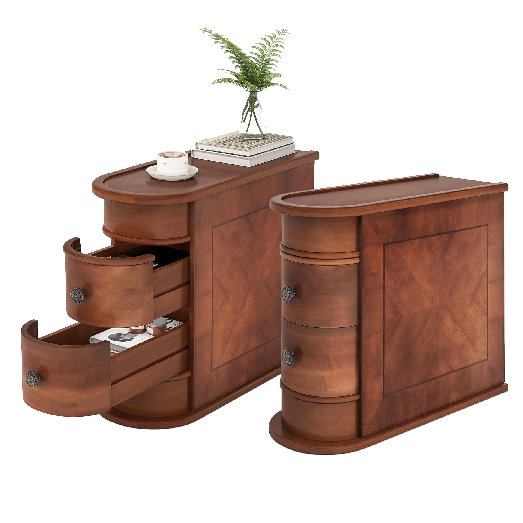 Little Tree End Table Set of 2, Wood with Drawers, Living Room Sofa Side Table