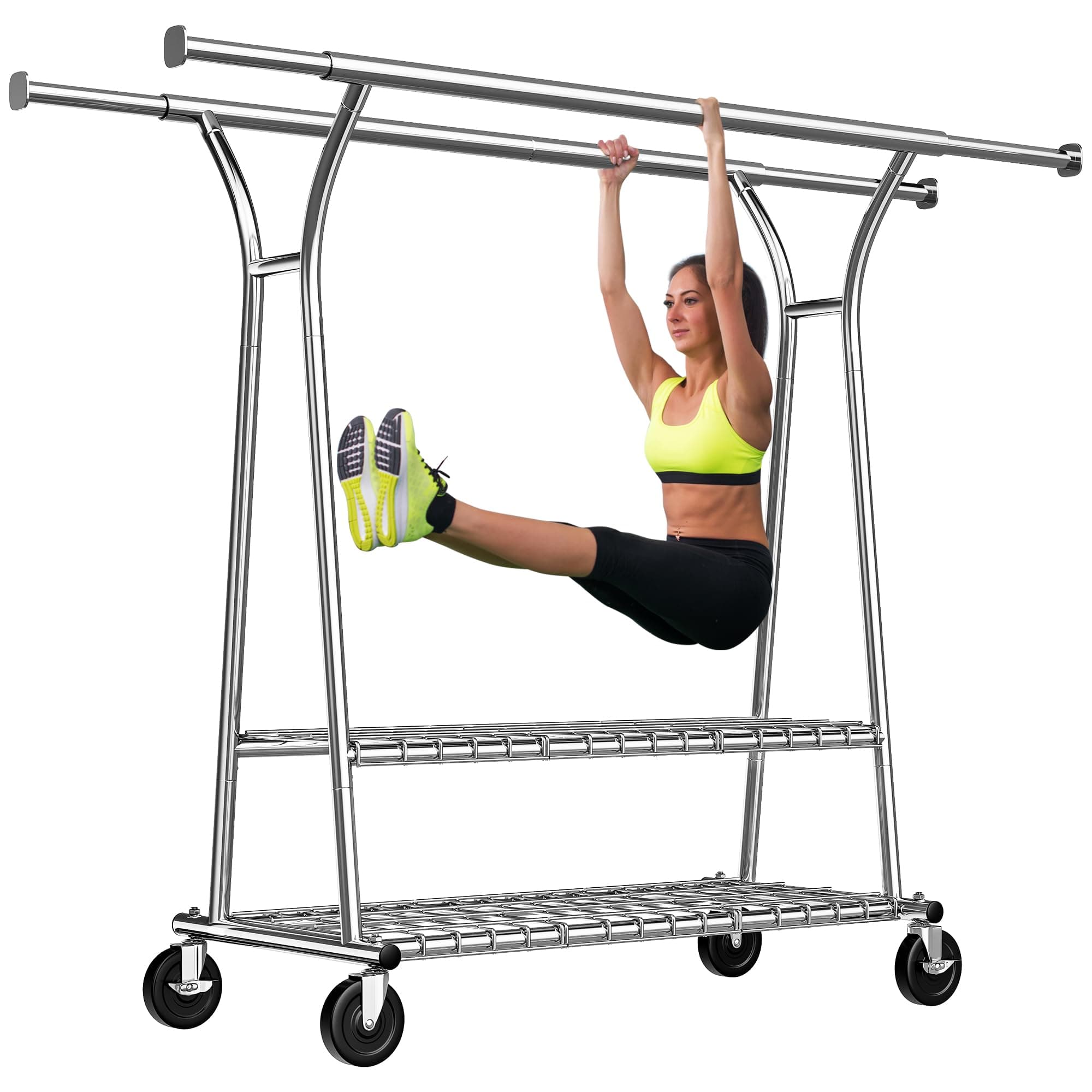 Raybee 78" W Heavy Duty Clothing Rack, 650LBS Load, Shelves & Wheels, Portable & CollapsibleChrome
