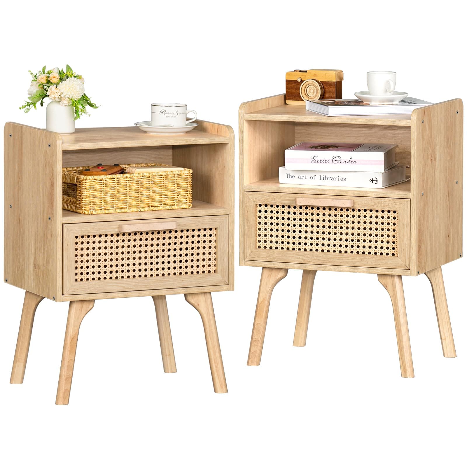 Lerliuo Natural Boho Rattan Nightstands Set of 2 with Drawer & Shelf for Bedroom Small Spaces