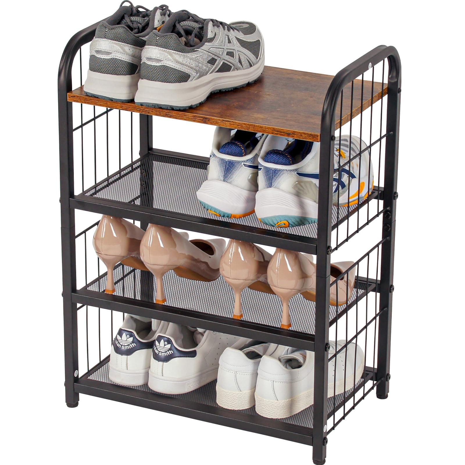 Rustic Wooden Top 4-Tier Shoe Organizer with Guardrails & Metal Mesh Shelves