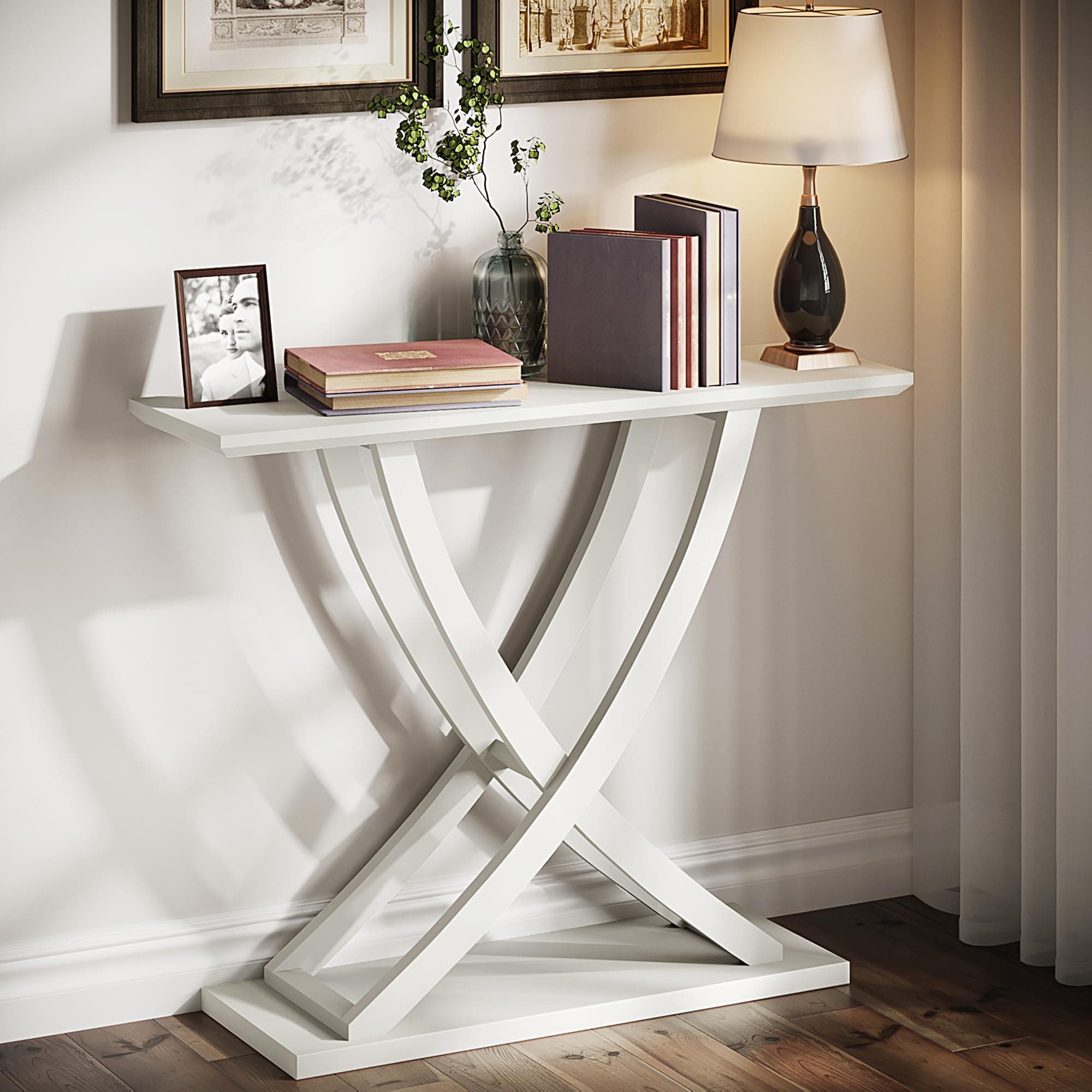 ChooChoo White Wood Console Table with Storage for Hall and Living Room