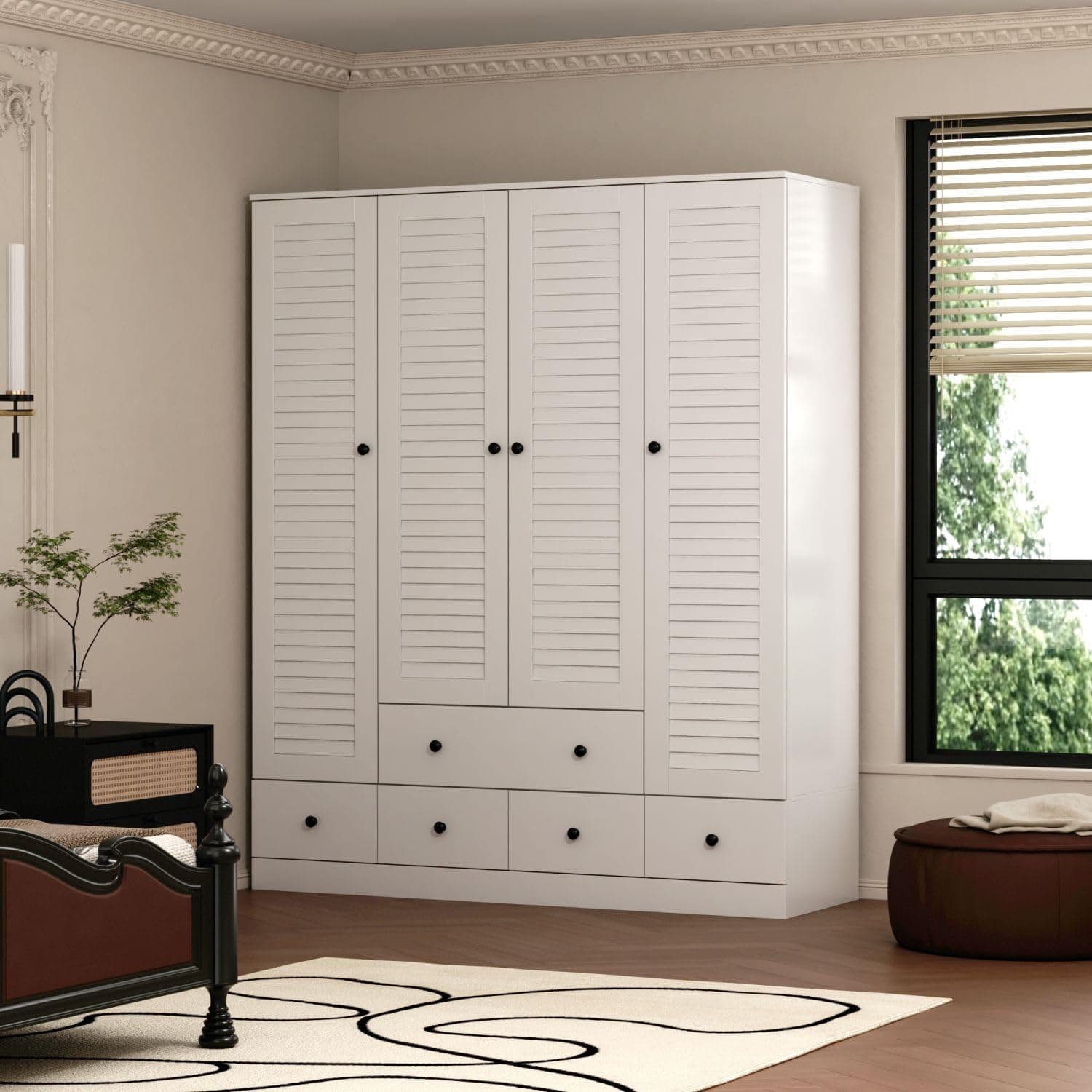 MOUMON 4-Shelf Armoire Wardrobe with 2 Rods, White (59" W x 19" D x 70.9" H)