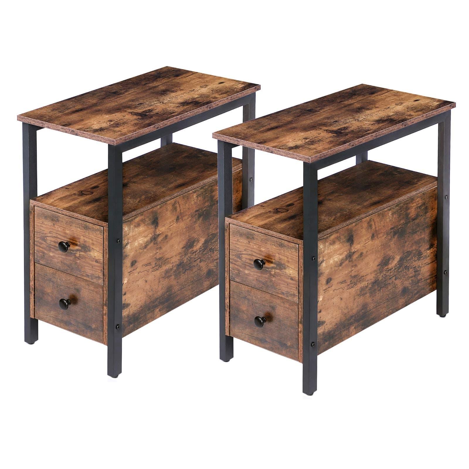 HOOBRO Narrow End Table Set, Drawers for Small Spaces, Rustic Brown & Black BF54BG201G2