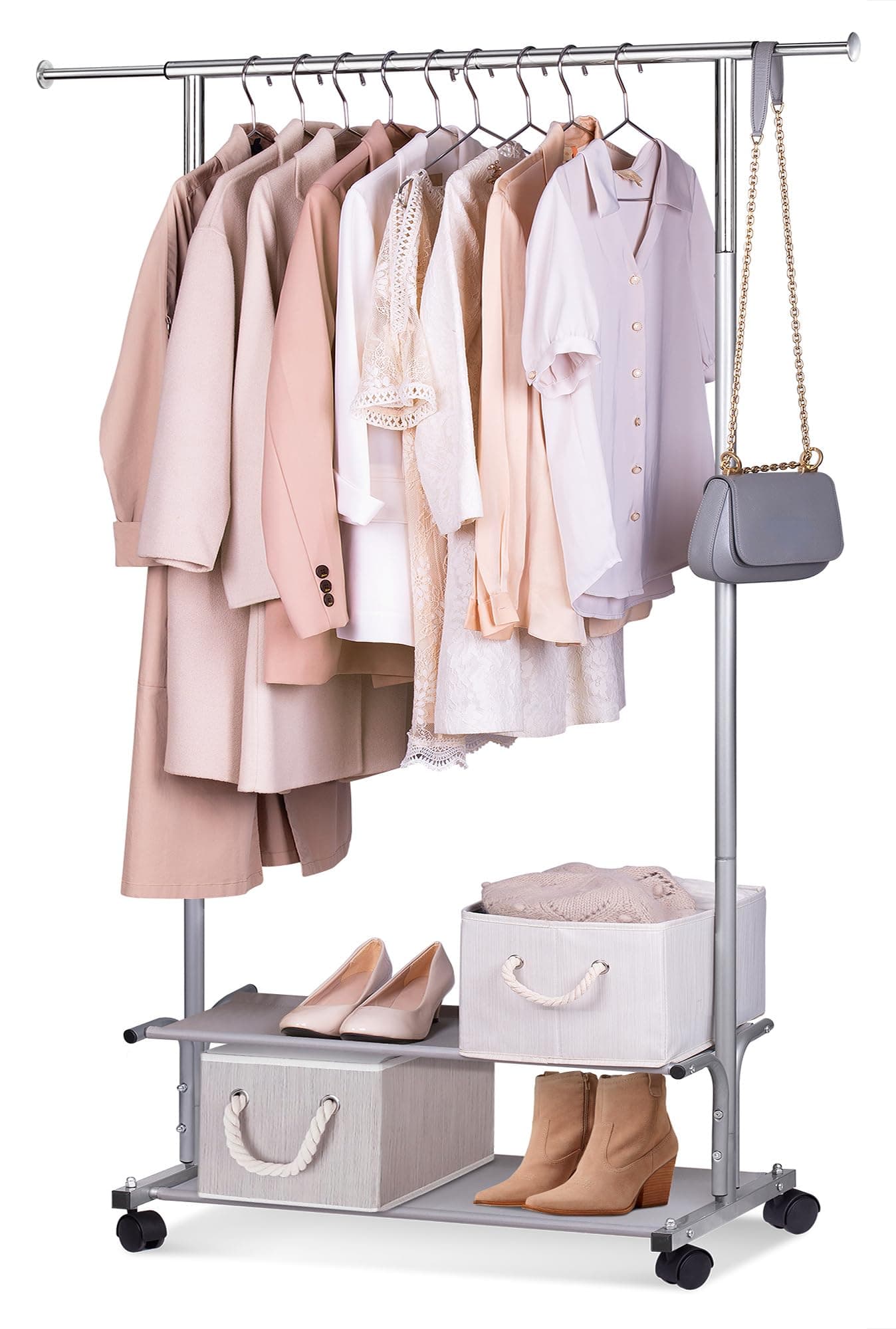MISSLO 2-Shelf Rolling Metal Garment Rack, Silver Heavy DutyClothing Hanger