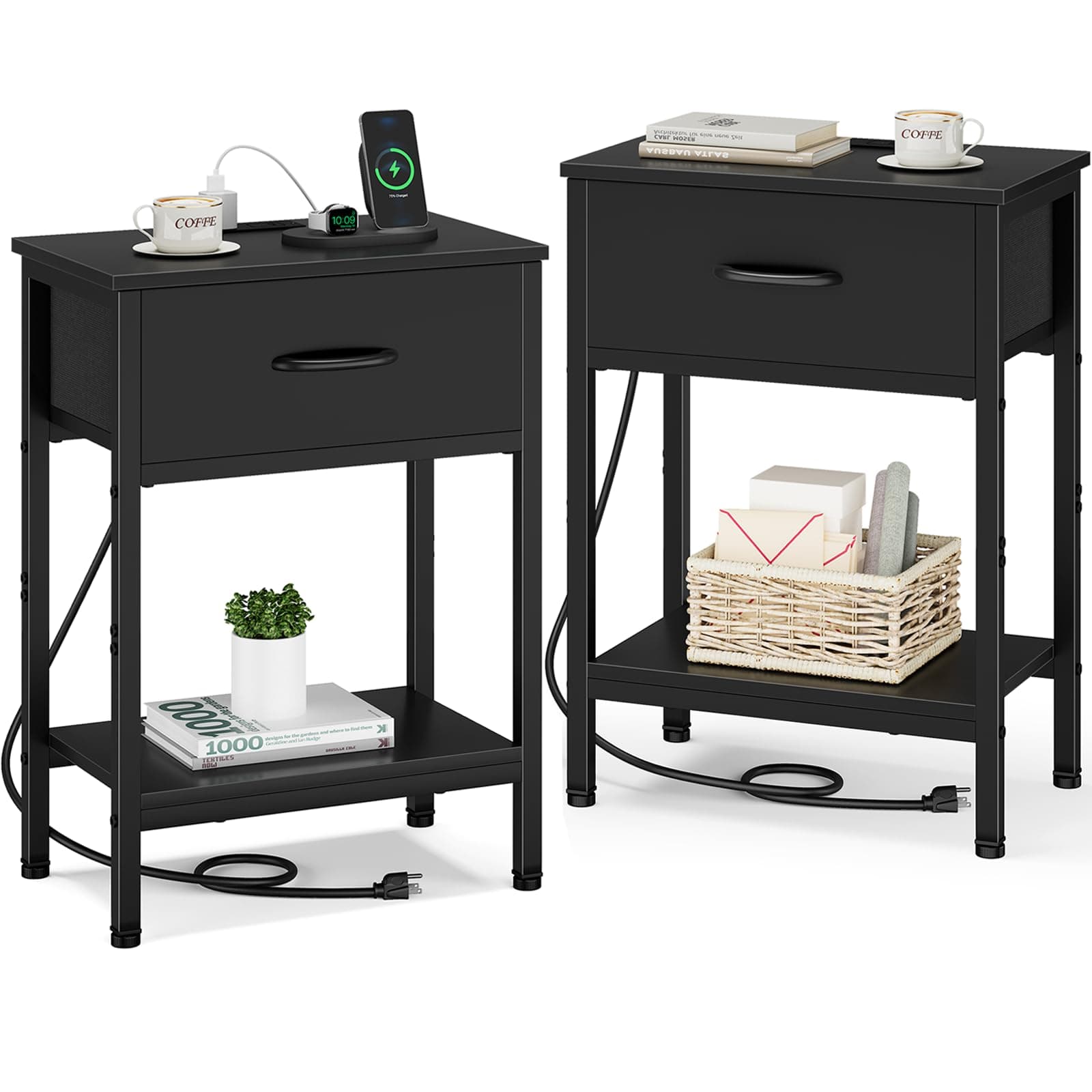 Vagusicc Charging Nightstand Set, Black, 25.4" Tall, Bedside Table with Storage