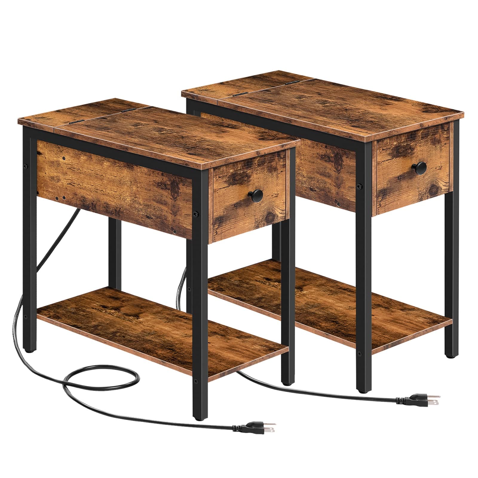 HOOBRO Rustic Brown & Black End Table Set, Charging Station, Drawer Storage, Small Spaces BF041BZP201