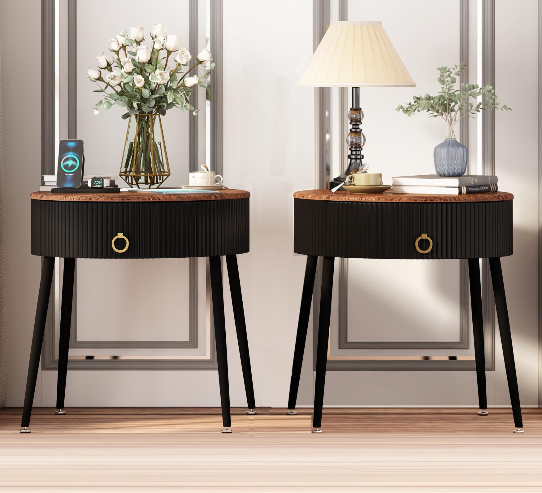 OIOG Modern Brown and Black Side Table Set, Round Nightstand with Drawer