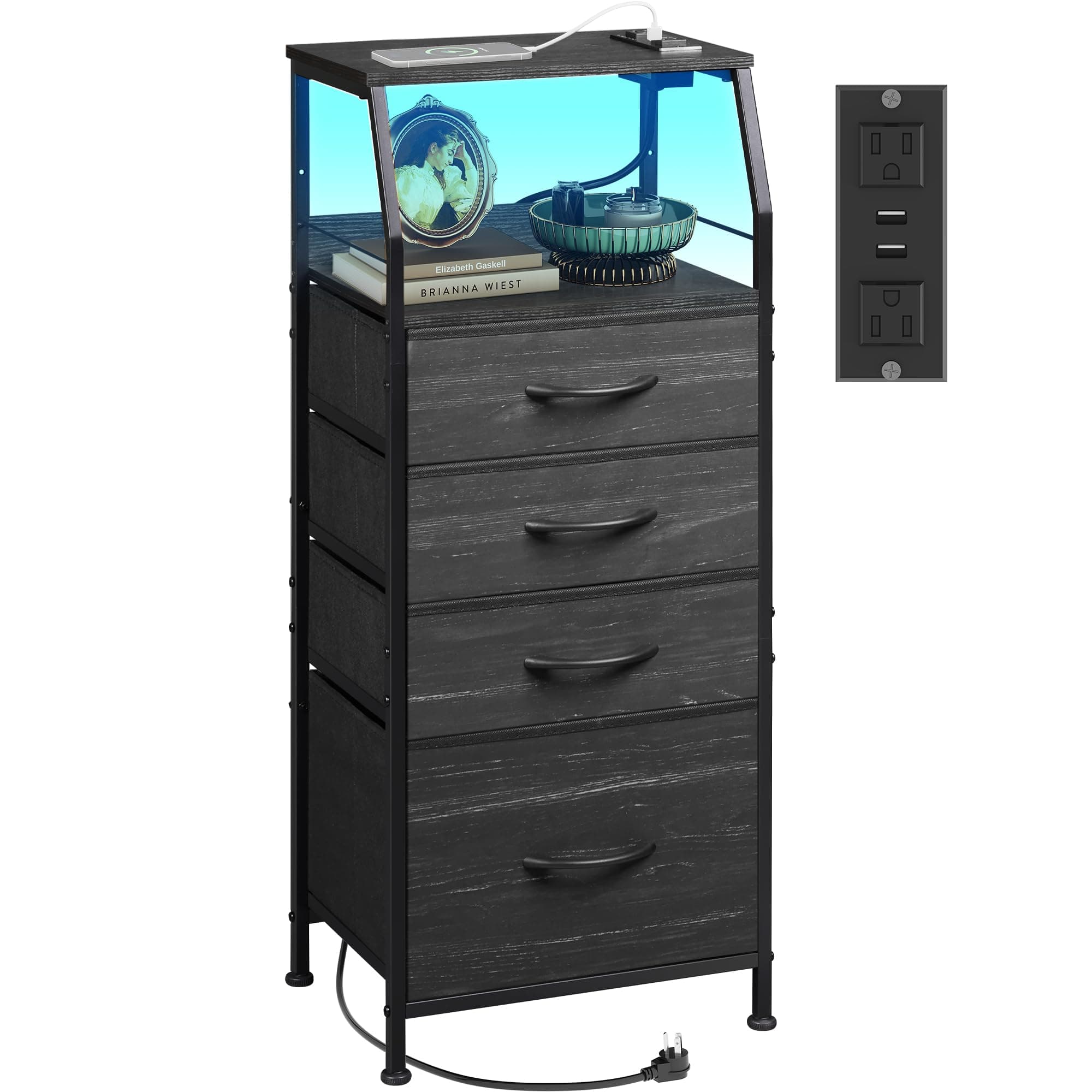 Black WLIVE Nightstand with Charging Station, 4 Drawer Dresser & LED Light