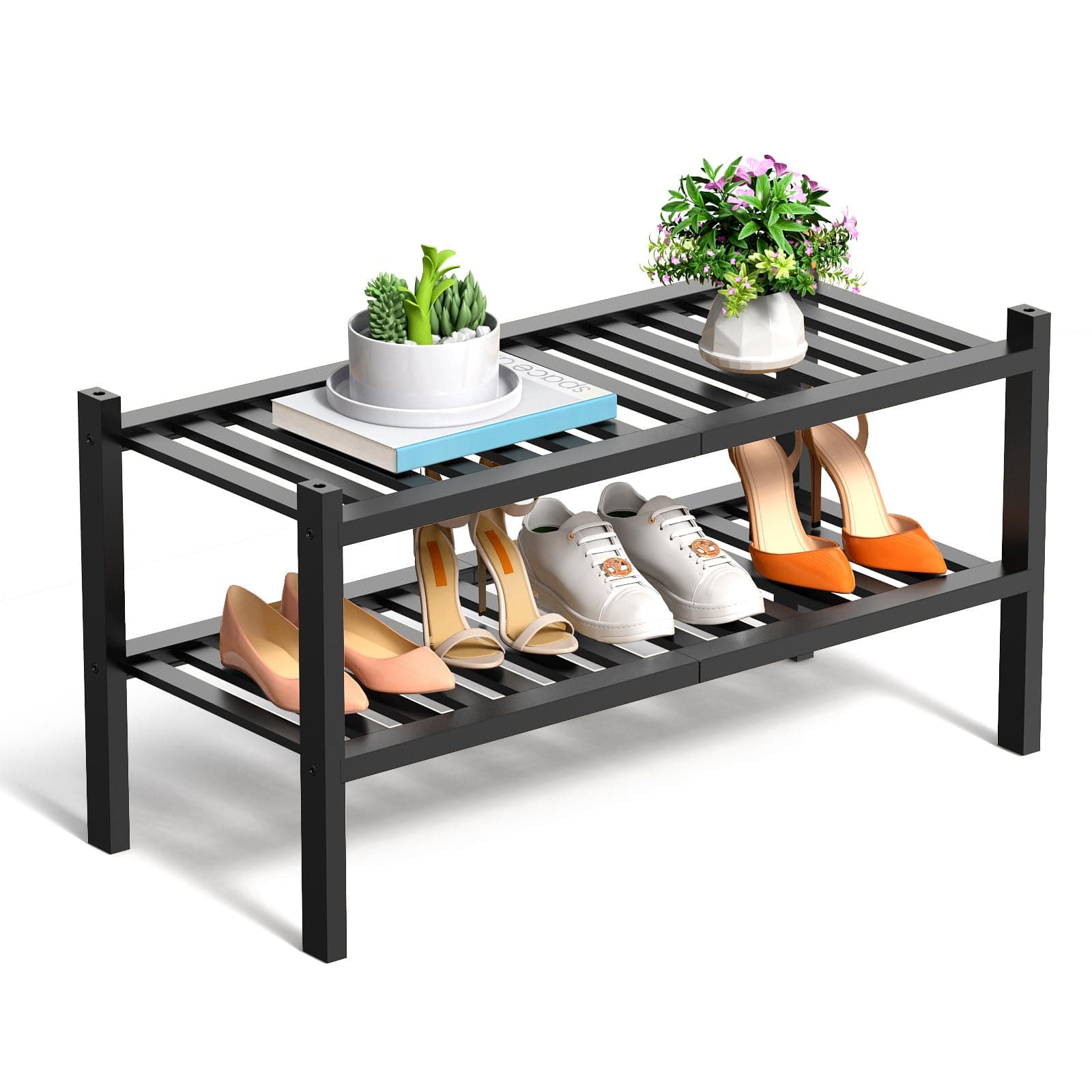 Black 2 Tier Bamboo Closet Shoe Rack Storage Organizer