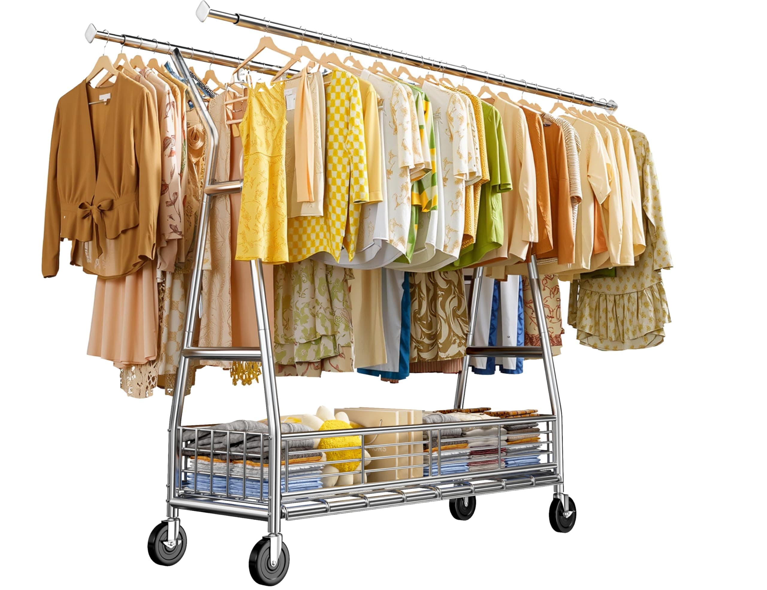 Raybee Heavy Duty 600LBS Clothing Rack, Adjustable & Portableewith Sturdy Wheels and ShelvesChrome