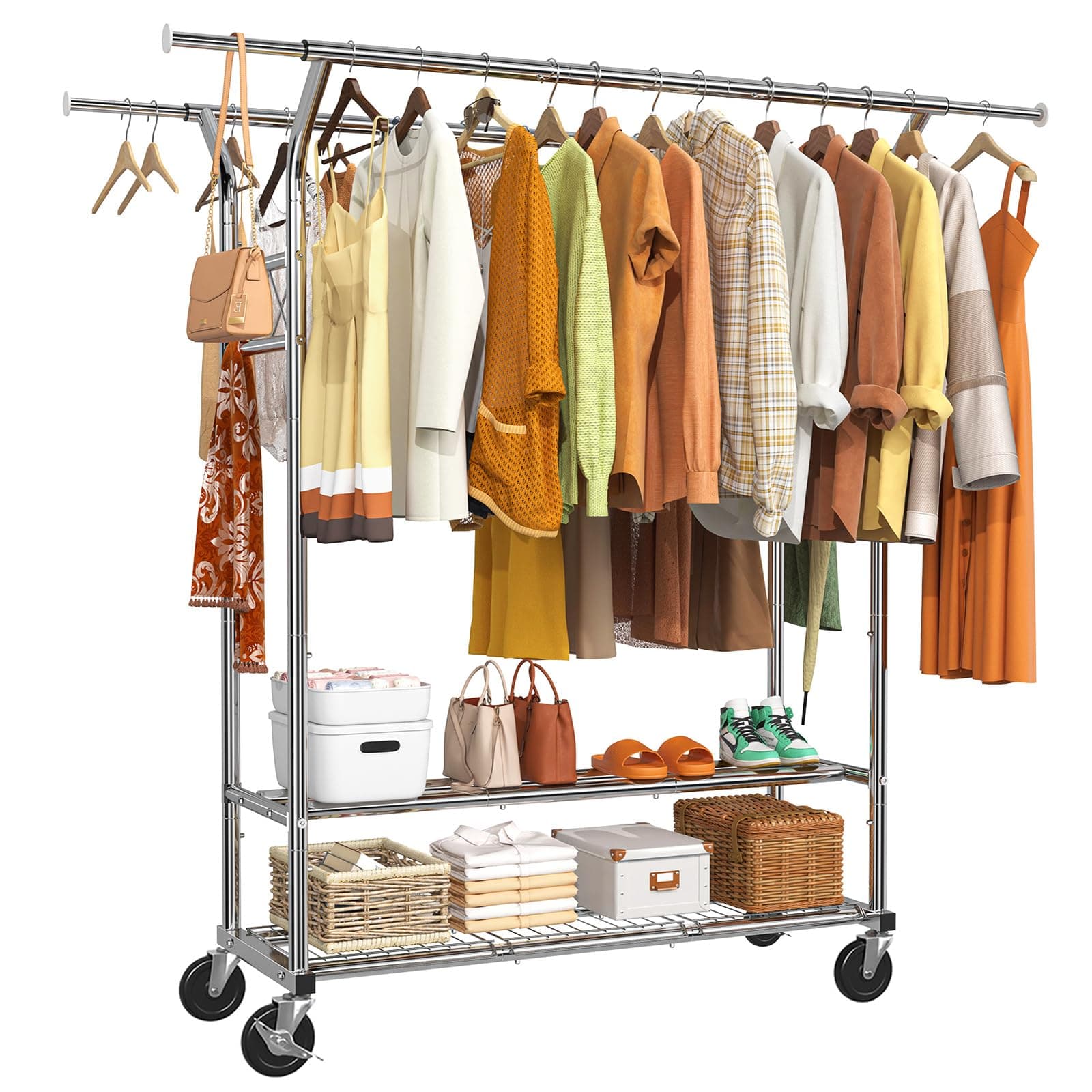 Heavy Duty Rolling Garment Rack, 620 LBS Load, Chrome Finish