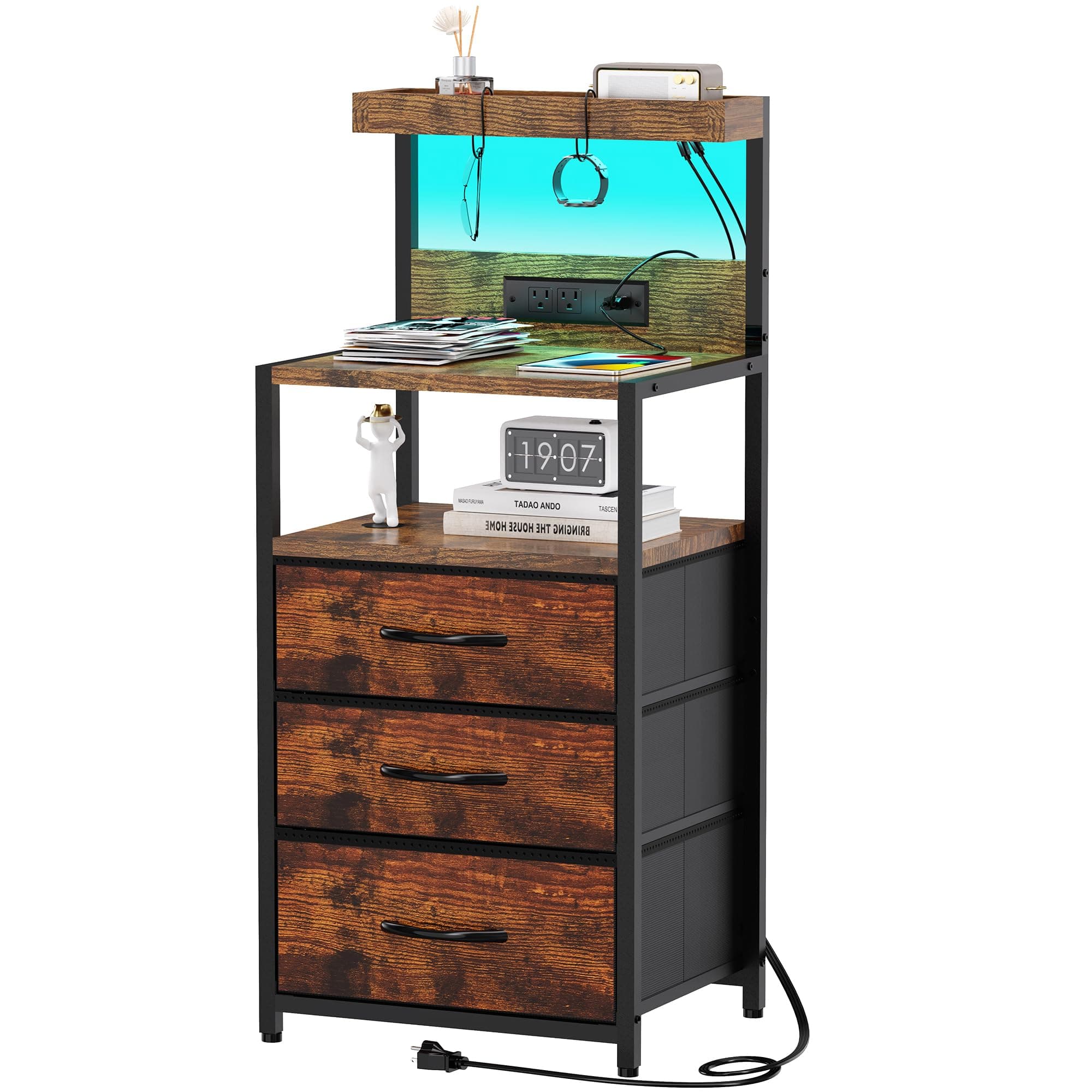 Rustic Brown Nightstand with Charging Station and Storage