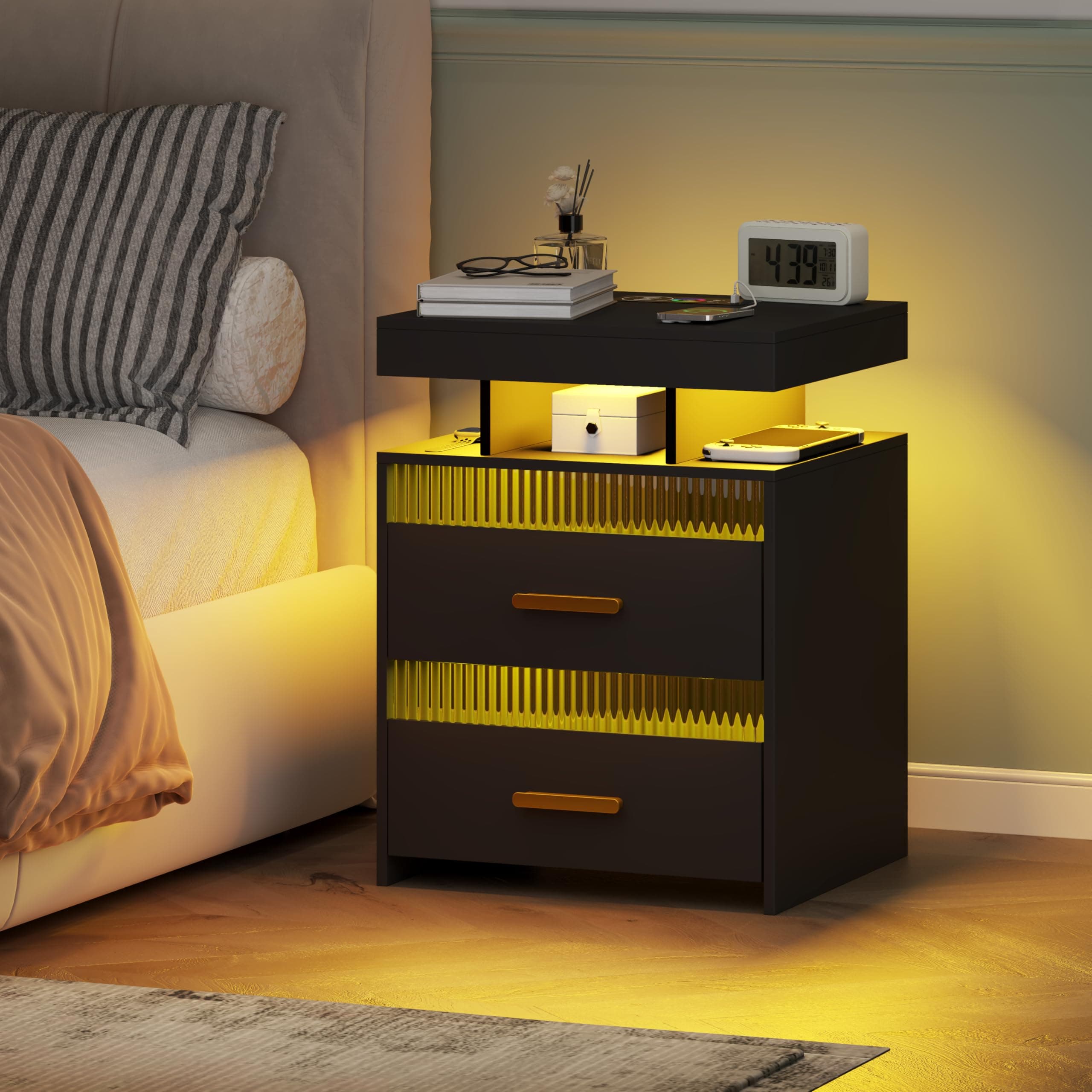 Modern Wood Nightstand with Charging and LED Lights, 2 Drawers, Black