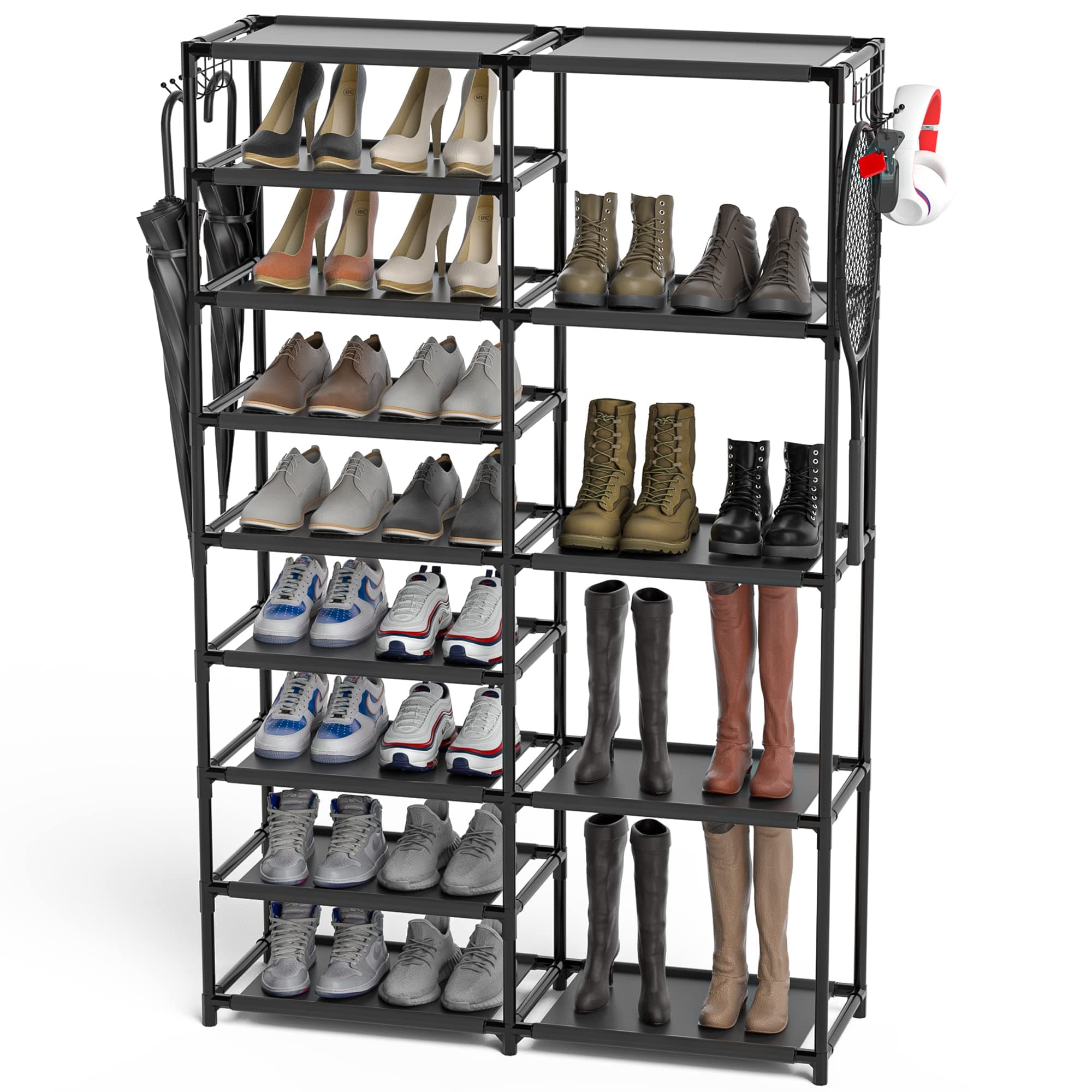 Large Capacity Black Garage Shoe Rack, 24-35 Pairs, Two Rows Hooks
