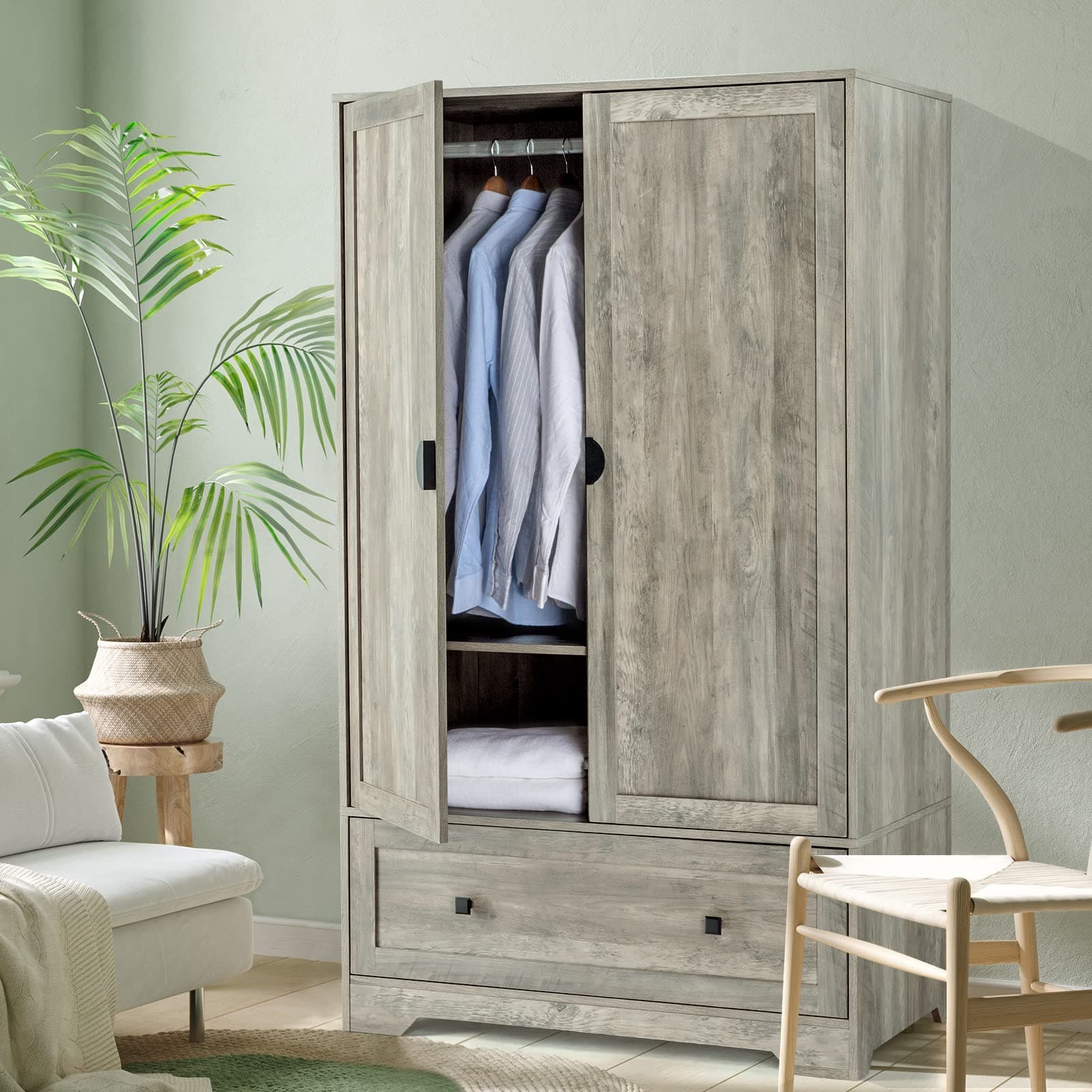 VINGLI Rustic Grey Wide Armoire Wardrobe Closet