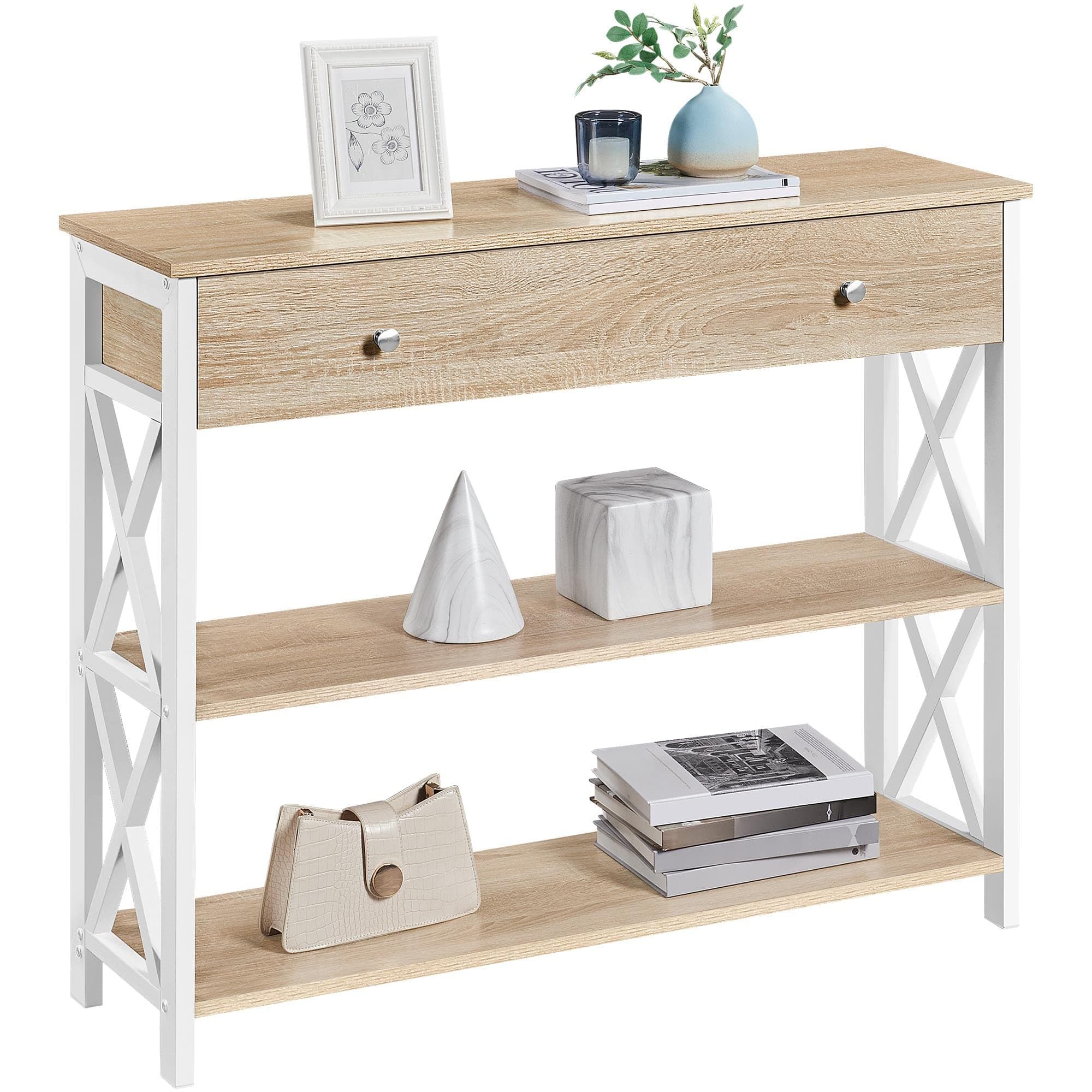 Yaheetech Narrow Console Table with Drawer & Storage Shelves, Light Oak, 3-Tier Living Room Table