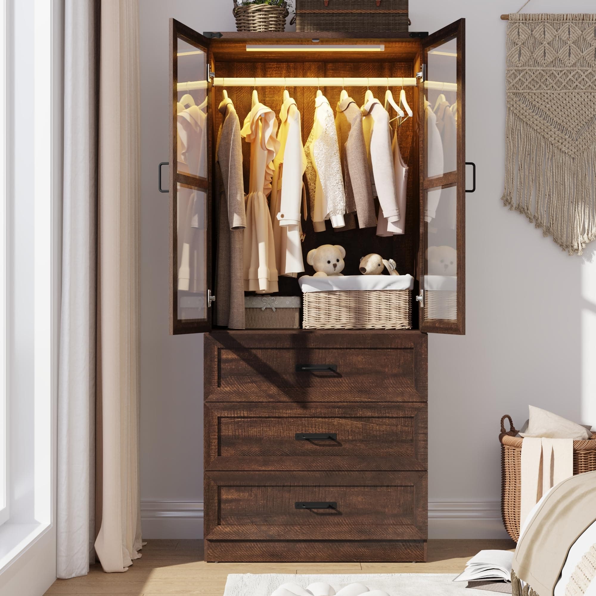 75" Tall Brown Farmhouse Armoire Wardrobe with 2 Doors, 3 Drawers & Rod