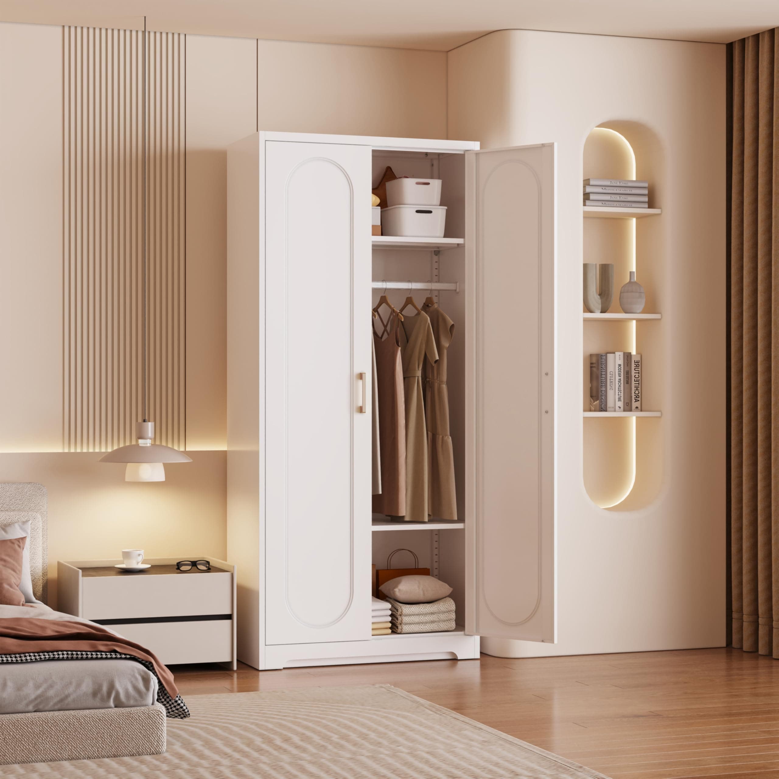 71" Tall White Metal Storage Cabinet with Hanging Rod and Shelves, Ideal for Bedroom, Armoire or Bathroom