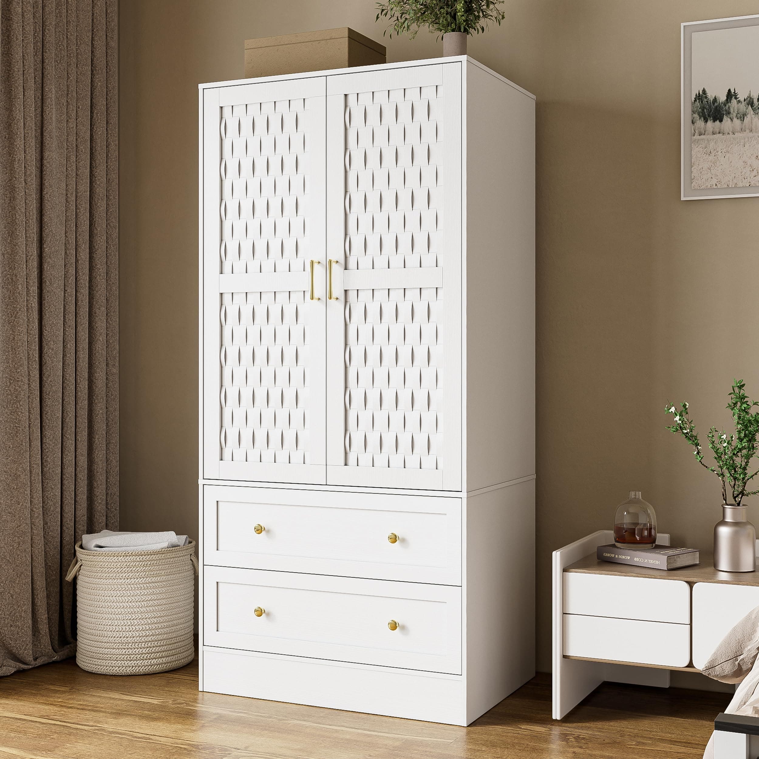 PAKASEPT Freestanding Wooden Armoire Wardrobe with Drawers and 2 Woven Doors